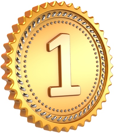 Medal golden first place award. Number One leader champion winner success concept. Luxury victory badge design element. Detailed 3d render. Isolated on white backgroundの写真素材