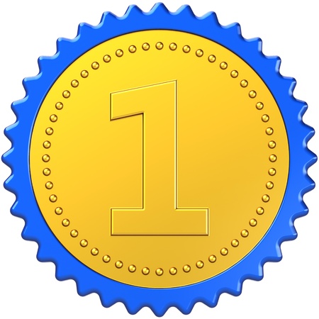 Award first place medal badge golden with blue border. Number one winner pride concept. Achievement motivation leadership symbol design element. Detailed 3D render. Isolated on white backgroundの写真素材