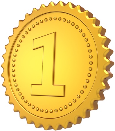 First place golden badge medal award. Champion winner achievement pride symbol design element. The best number one success motivation leader concept. Detailed 3d render. Isolated on white backgroundの写真素材