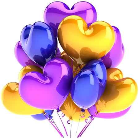 Party balloons heart shaped birthday decoration purple blue yellow multicolor. Happy joy abstract. Romantic Love marriage wedding celebration concept. Detailed 3D render. Isolated on white backgroundの写真素材
