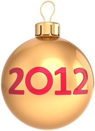 Christmas ball New Year 2012 bauble shiny decoration total golden with red date. Merry Xmas happy joy symbol concept. Advent calendar design element. Detailed 3D render. Isolated on white backgroundの写真素材