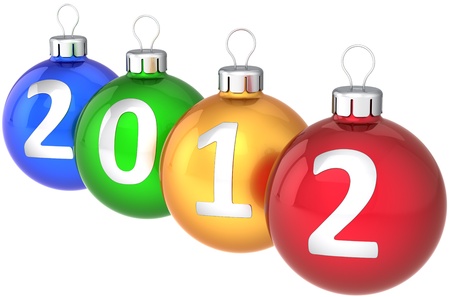 New Year 2012 baubles Christmas balls multicolor decorated with silver calendar date. Xmas decoration classic. Traditional winter design element. Detailed 3d render. Isolated on white backgroundの写真素材