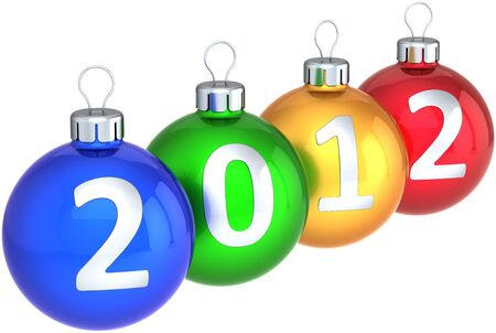 New 2012 Year baubles Christmas balls multicolored decorated with silver calendar date. Xmas decoration classic. Traditional winter design element. Detailed 3d render. Isolated on white backgroundの写真素材