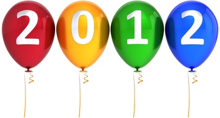 Happy New Year 2012 balloons party decoration multicolored with silver calendar date. Merry Christmas joy abstract. Calendar design element concept. Detailed 3d render. Isolated on white backgroundの写真素材