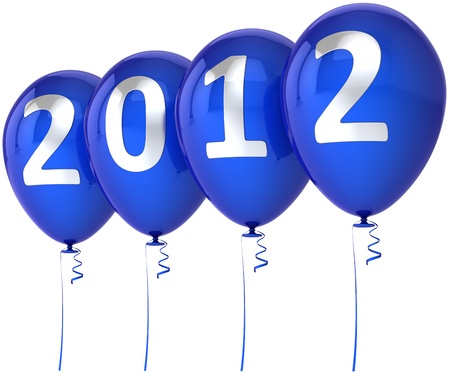 New Year 2012 balloons happy holiday party decoration blue with silver date. Merry Christmas joy fun abstract. Classic design element for calendar. Detailed 3d render. Isolated on white backgroundの写真素材