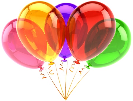 Party balloons five birthday decoration translucent multicolored. Happy joy fun abstract. Holiday anniversary retirement graduation occasion concept. Detailed 3d render. Isolated on white backgroundの写真素材