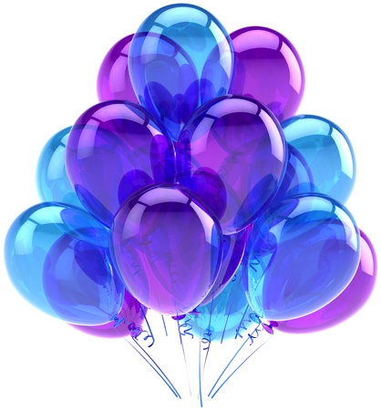 Balloons party birthday blue purple translucent. Decoration of holiday anniversary retirement graduation celebration. Fun joy happy positive abstract. Detailed render 3d. Isolated on white backgroundの写真素材