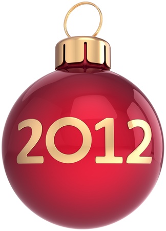 New Year 2012 Christmas ball bauble shiny decoration colored red with golden date. Advent calendar design element. Happy Merry Xmas joy icon concept. Detailed 3d render. Isolated on white backgroundの写真素材