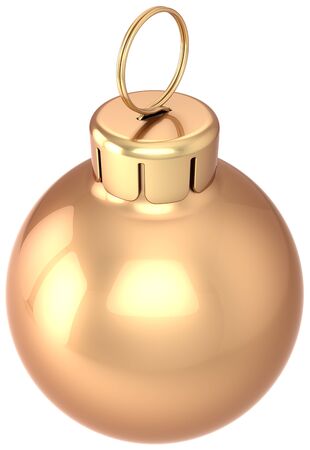 Christmas ball bauble Happy New Year beautiful luxury decoration golden. Merry Xmas greeting card design element. Winter january holidays icon concept. Detailed 3d render. Isolated on white backgroundの写真素材