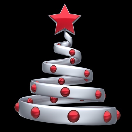 Christmas tree white silver abstract decorated with red shiny balls and a star. Happy New Year eve bauble stylized traditional Merry Xmas icon concept. Detailed 3d render. Isolated on black backgroundの写真素材
