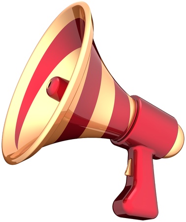 Megaphone announcement news communication symbol colored golden red. Bullhorn loudspeaker message icon. Attention advertisement notify blog concept. Detailed 3d render. Isolated on white backgroundの写真素材