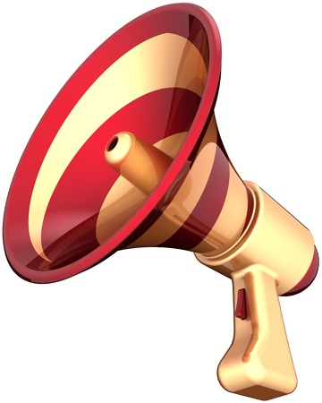 Megaphone news communication announcement icon colored golden red. Loudspeaker bullhorn message symbol. Advertisement attention notify blog concept. Detailed 3d render. Isolated on white backgroundの写真素材
