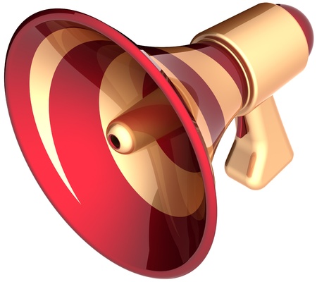 Megaphone sale announcement loudspeaker news communication icon golden red. Bullhorn message symbol. Attention advertisement notify blog alarm concept. Detailed 3d render. Isolated on white backgroundの写真素材