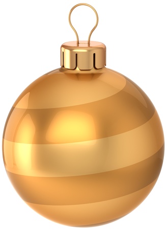 Christmas ball decoration Happy New Year bauble luxury golden. Traditional winter holiday icon concept. Merry Xmas greeting card design element. Detailed 3d render. Isolated on white backgroundの写真素材