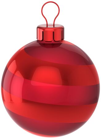 Christmas ball red decoration Happy New Year bauble classic. Merry Xmas greeting card design element. Traditional winter holiday icon concept. Detailed 3d render. Isolated on white backgroundの写真素材