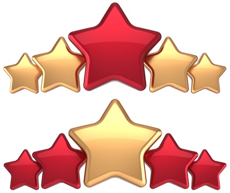 Five stars service gold red golden leadership award success decoration  Best competition top excellent quality business rating trophy icon concept  Detailed 3d renderingの写真素材