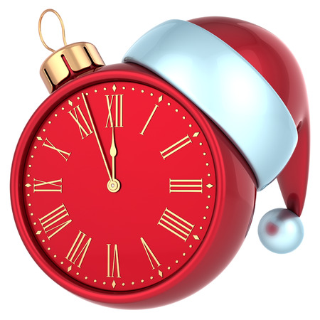 Happy New Year alarm clock countdown bauble Christmas ball ornament decoration Santa hat icon red  Wintertime traditional midnight future beginning souvenirの写真素材