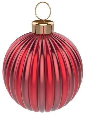 Christmas ball bauble New Years Eve decoration red sphere icon. Beautiful shiny Merry Xmas winter symbol classic blank. 3d render isolated on white backgroundの写真素材