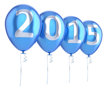 New 2015 Year balloons party decoration blue. Wintertime celebration banner balloon. Countdown future beginning calendar date greeting card design element. 3d render iIsolated on white backgroundの写真素材