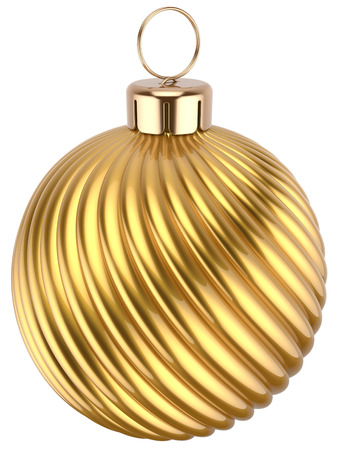 Christmas ball gold decoration golden glossy. Happy New Year bauble traditional luxury. Merry Xmas greeting card design element. 3d render isolated on white backgroundの写真素材