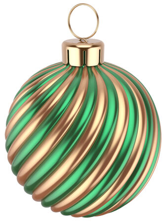 Christmas ball bauble New Years Eve decoration green gold sphere icon. Beautiful shiny Merry Xmas winter symbol classic. 3d render isolated on white backgroundの写真素材