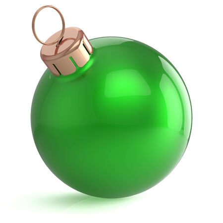 Christmas ball New Years Eve ornament decoration green wintertime bauble icon traditional. Shiny Merry Xmas winter holidays symbol blank. 3d render isolated on white backgroundの写真素材