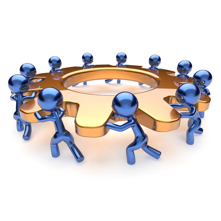 Teamwork business process mans start turning gold gear together. Partnership team cooperation relationship community efficiency concept. 3d render isolated on whiteの写真素材