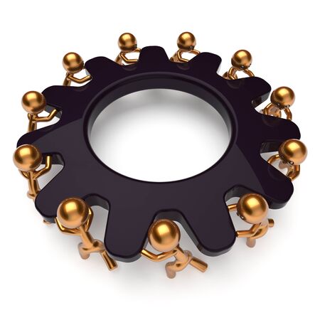 Teamwork process business man partnership turning black gear together. Workers team cooperation relationship community creative efficiency concept. 3d render isolated on whiteの写真素材