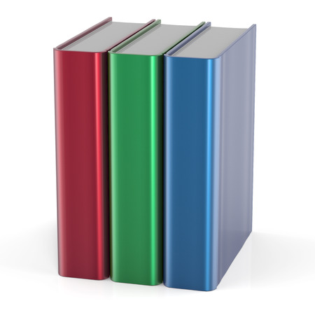 Three books blank cover standing textbook workbook cookbook template. School college information content learning icon concept. 3d render isolated on white backgroundの写真素材