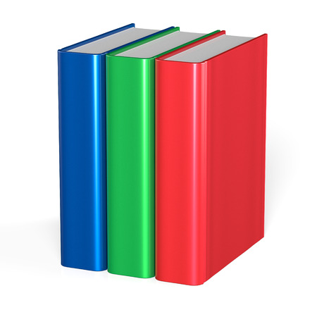 Three books blank cover standing 3 textbook workbook cookbook template blue green red. School college information content learning icon concept. 3d render isolated on white backgroundの写真素材