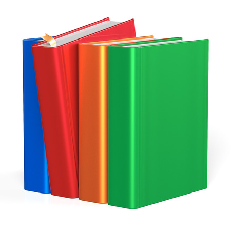 Books row four selecting red blank covers colorful standing textbook template. School studying grab need information content icon concept. 3d render isolated on white backgroundの写真素材