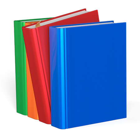 Book selecting take from bookshelf one from four books row grab blank covers colorful standing choosing template. School studying knowledge content icon concept. 3d render isolated on white backgroundの写真素材