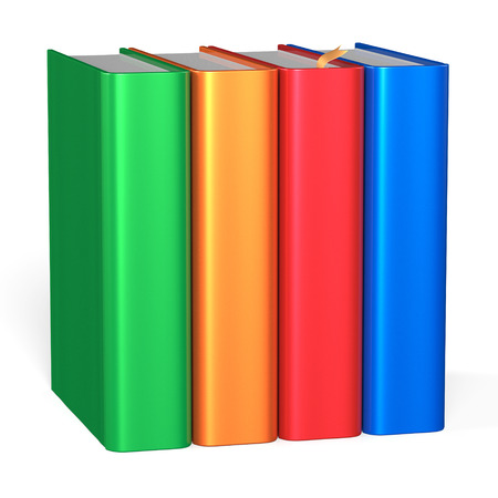 Books educational four textbooks bookshelf bookcase row standing 4 blank colorful green orange red blue template. School studying knowledge content icon concept. 3d render isolated on white backgroundの写真素材