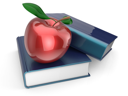 Books and red apple textbook encyclopedia education studying reading learning school college knowledge faq wisdom idea icon concept. 3d render isolated on white backgroundの写真素材