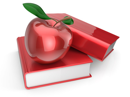 Books apple red textbook education studying reading learning school college knowledge wisdom idea icon concept. 3d render isolated on white backgroundの写真素材