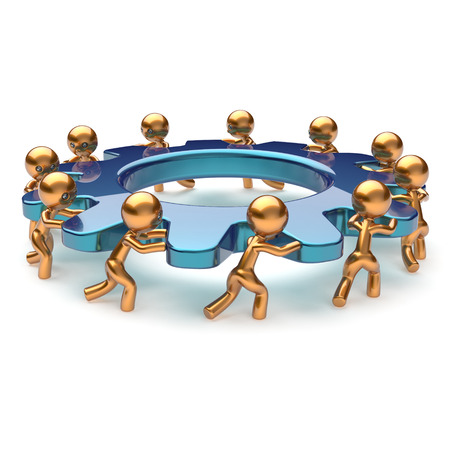 Teamwork community partnership power business process mans turning gear together. Brainstorming team cooperation relationship workers efficiency concept. 3d render isolated on whiteの写真素材