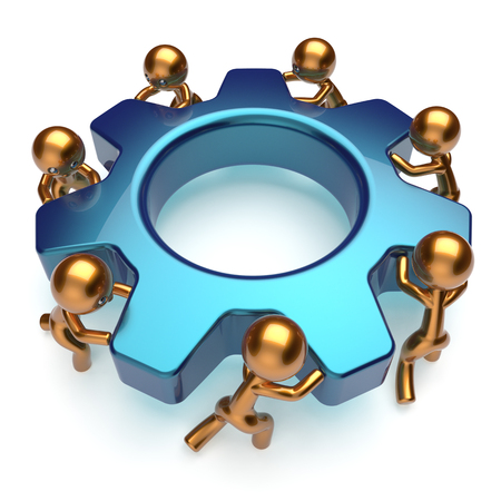 Partnership teamwork business process workers turning gear together. Friends team cooperation relationship efficiency community workforce concept. 3d render isolated on whiteの写真素材
