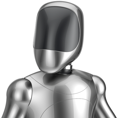 Cyborg robot android futuristic chrome bot character portrait avatar concept. 3d render isolated on white backgroundの写真素材