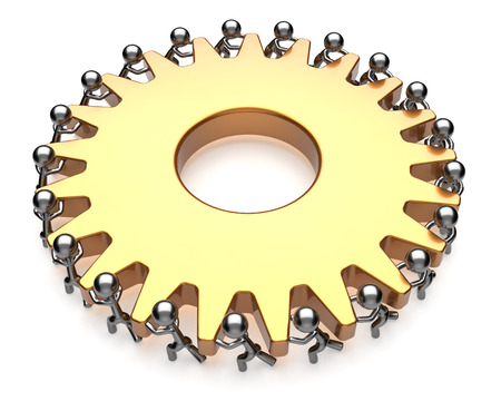 Teamwork team work hard job business process mans turning gear together. Brainstorming partnership cooperation assistance efficiency community unity concept. 3d render isolated on whiteの写真素材