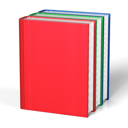 Blank books three red green blue cover standing 3 textbook workbook cookbook template empty. School college information content learning icon concept. 3d render isolated on whiteの写真素材