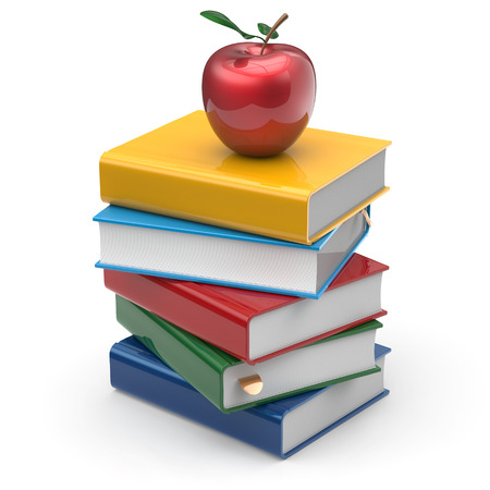 Books red apple colorful textbook education studying reading learning school college knowledge wisdom idea icon concept. 3d render isolated on whiteの写真素材