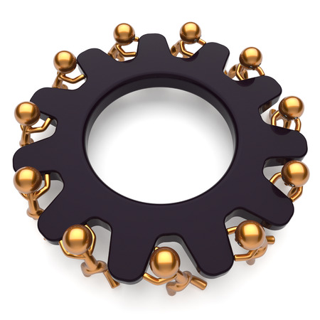 Teamwork business partnership assistance unity brainstorm process mans start turning black gear together. Cooperation relationship community efficiency concept. 3d render isolated on whiteの写真素材
