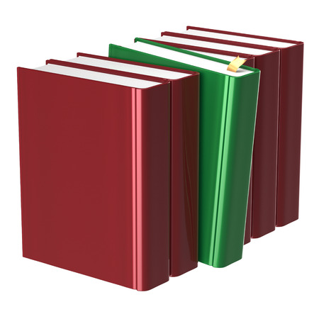 Blank red books row one green selected choosing leadership take answer covers standing textbook template. School studying grab education index content icon concept. 3d render isolated on whiteの写真素材