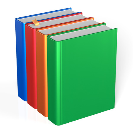 Four books educational textbooks blank bookshelf bookcase row standing 4 colorful blue red orange green template. School studying knowledge content icon concept. 3d render isolated on whiteの写真素材