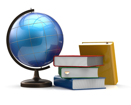 Globe blank and colorful books global geography knowledge studying wisdom adventure literature cartography icon concept. 3d render isolated on white backgroundの写真素材