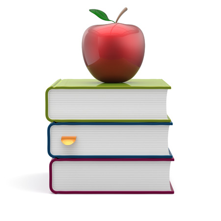 Books colorful blank stack red apple textbooks education studying reading learning school college knowledge literature idea wisdom icon concept. 3d render isolated on whiteの写真素材