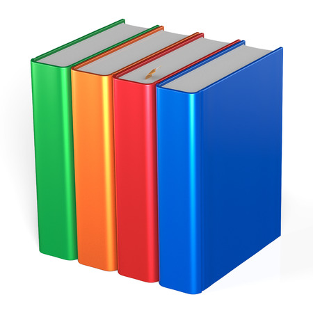 Blank books four textbooks bookshelf educational bookcase row standing 4 colorful green orange red blue template. School studying knowledge content icon concept. 3d render isolated on white backgroundの写真素材