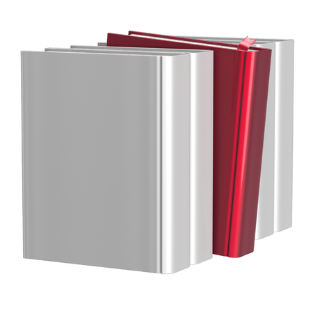 Blank white books selecting bookshelf row one red selected choosing take answer covers standing individual textbook template. Grab index content icon concept. 3d render isolated on whiteの写真素材