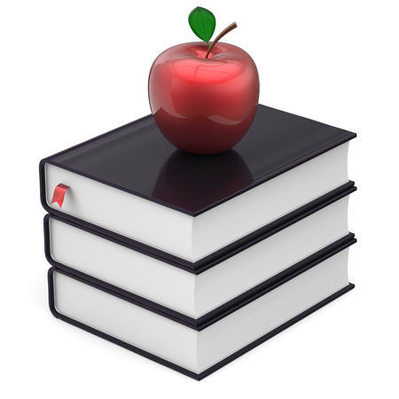 Books black apple red index textbooks stack education studying reading learning school college knowledge literature idea icon concept. 3d render isolated on whiteの写真素材
