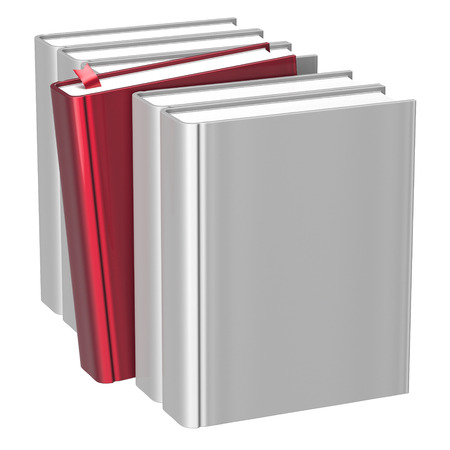 Books blank white selecting bookshelf row one red selected choosing take answer covers standing individual textbook template. Grab index content icon concept. 3d render isolated on whiteの写真素材